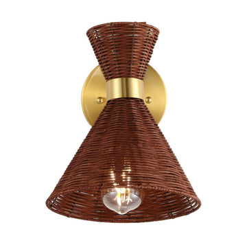 Zoey 10" 1-Light Mid-Century Vintage Retro Rattan/Metal LED Sconce with Adjustable Shade - JONATHAN Y